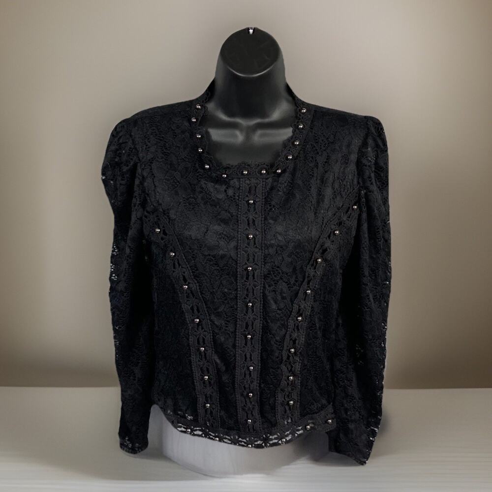 D’Emma Black Lace Blouse Women’s M No Size Tag Studded Whimsygoth Punk Goth